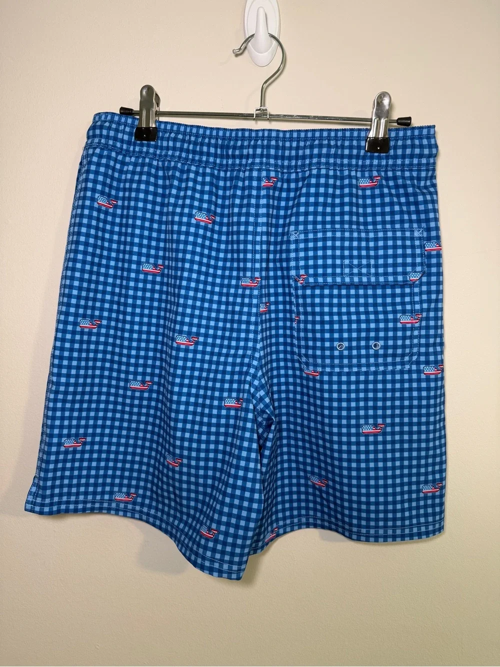 Vineyard Vines Kids Blue Gingham USA Flag Whale Swim Trunks Size L